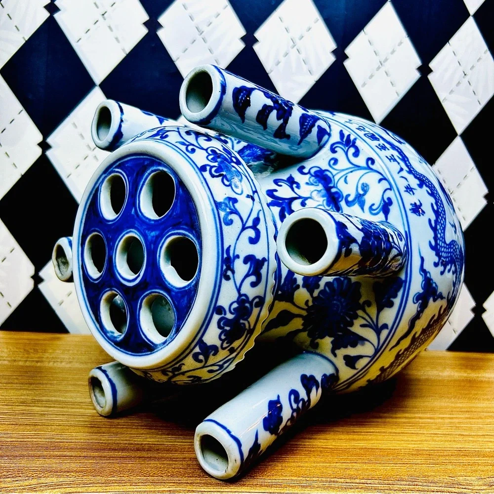 Grand Tulipière 15” Blue & White Chinoiserie Dragon Vase Porcelain Multi-Spout - Picture 4 of 17